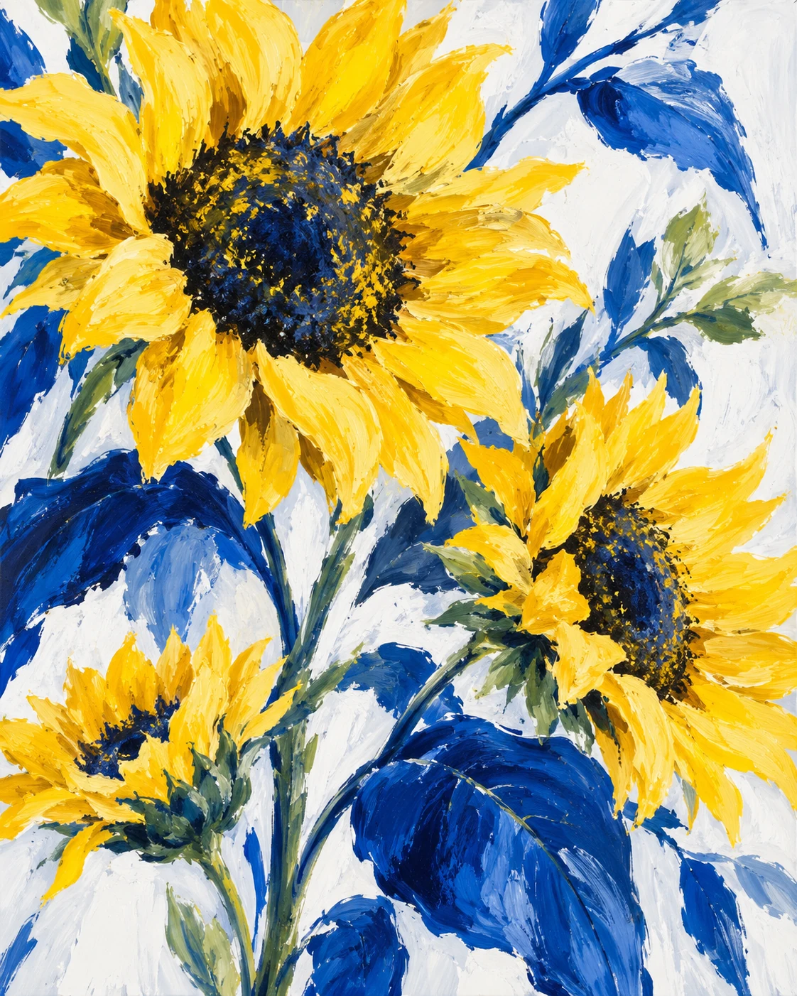 Gele bloemen die naar het licht reiken, met krachtige blauwe vormen. Een speelse verkenning van hoop en groei.