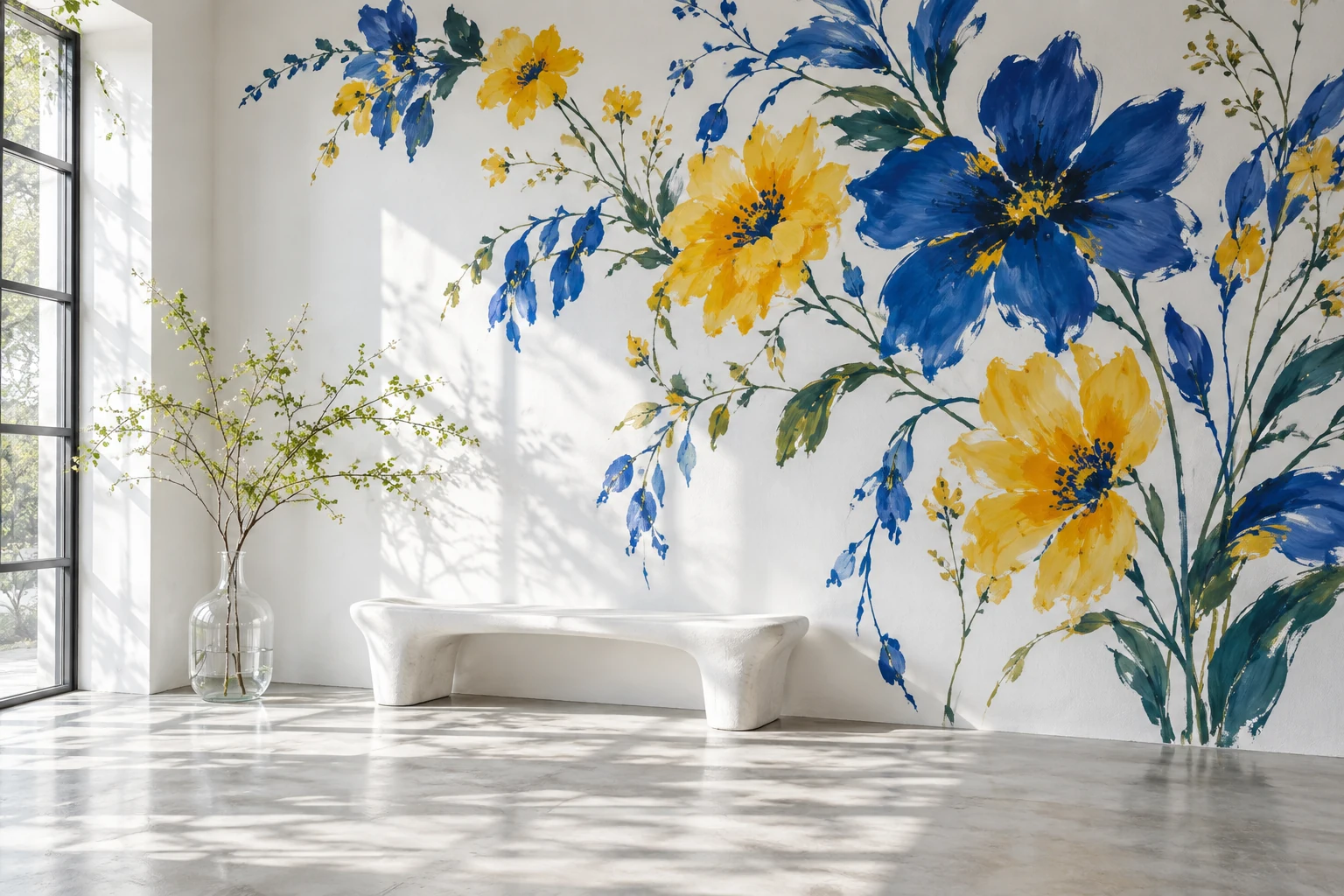 AI-sfeerbeeld: lichte kamer met een blauwe en gele botanische muurschildering
